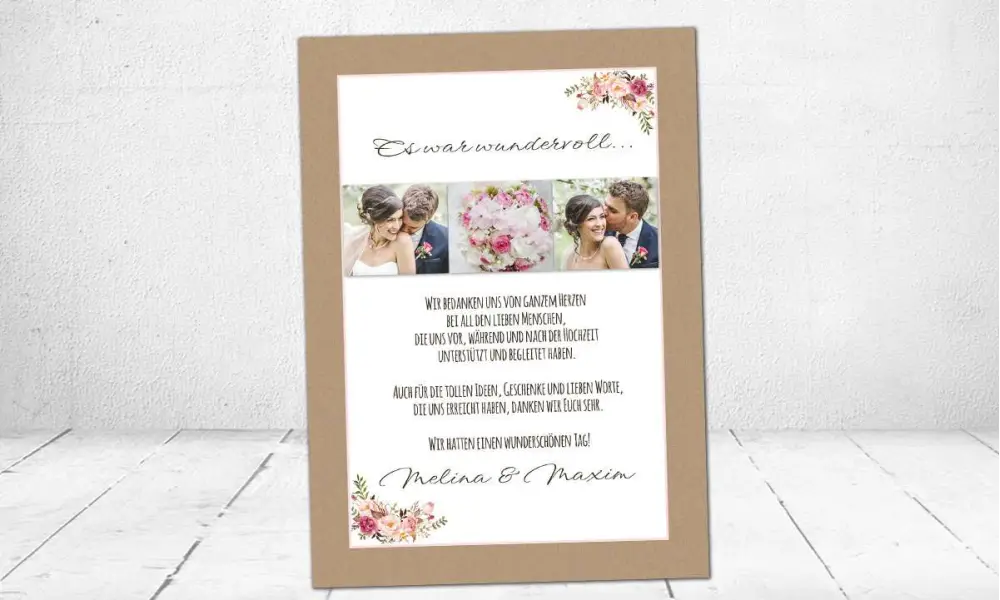 Dankeskarten Hochzeit floral Kraftpapier  mit Foto Postkarte naturell