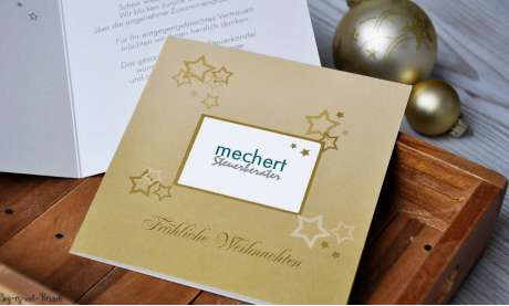 Weihnachtskarte geschäftlich für Firmen in gold mit Firmenlogo gestalten drucken lassen