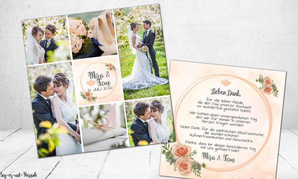 Dankeskarten Hochzeit florale Fotocollage in apricot peach quadratisch Rosen Blumen viele Fotos