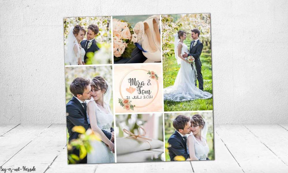 Dankeskarten Hochzeit florale Fotocollage in apricot peach quadratisch Rosen Blumen viele Fotos