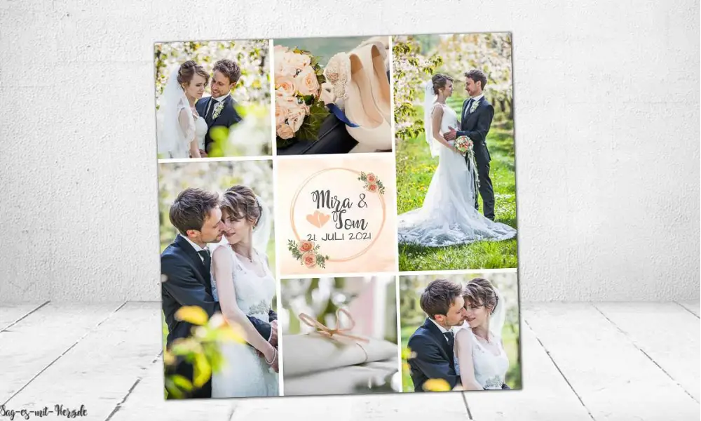 Dankeskarten Hochzeit florale Fotocollage in apricot peach quadratisch Rosen Blumen viele Fotos