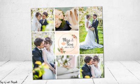 Dankeskarten Hochzeit florale Fotocollage in apricot peach quadratisch Rosen Blumen viele Fotos