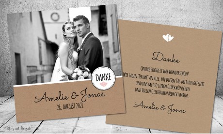 Moderne Dankeskarten Hochzeit natur Kraftpapier mit Foto quadratisch