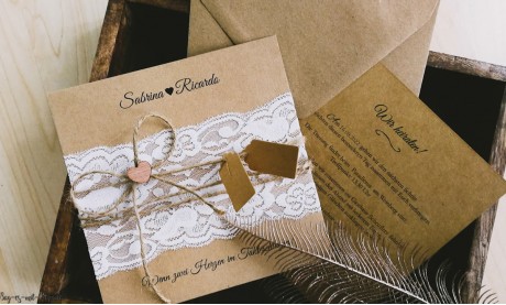 Einladungskarten Hochzeit Kraftpapier Spitze natürlich boho vintage
