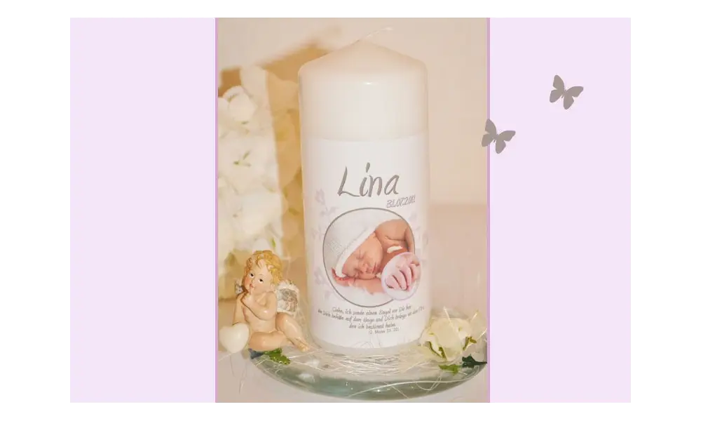 Taufkerze Baby mit Foto + Taufspruch, Fotogestaltung, rosa, flieder