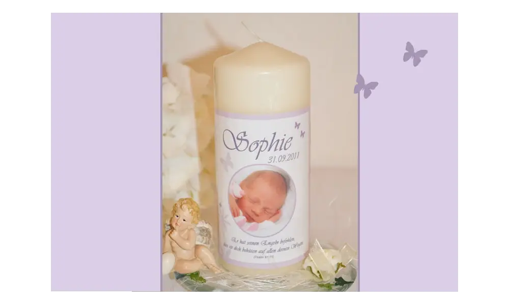 Taufkerze Baby mit Foto + Taufspruch, Fotogestaltung, rosa