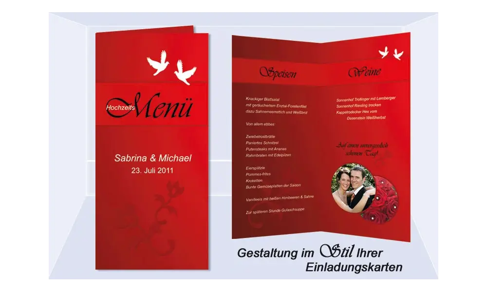 Menükarte, Getränkekarte, Hochzeitsmenü, Klappkarte DIN Lang