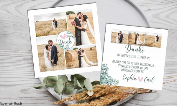 Dankeskarten Hochzeit Fotocollage Eukalyptus