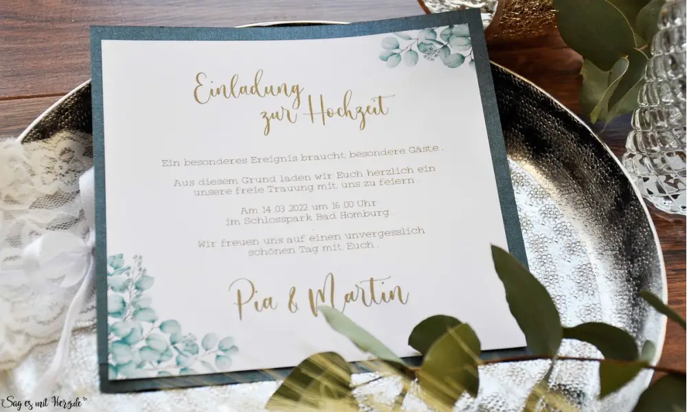 Einladungskarten Hochzeit Spitze Eukapyptus grün weiß gold Boho