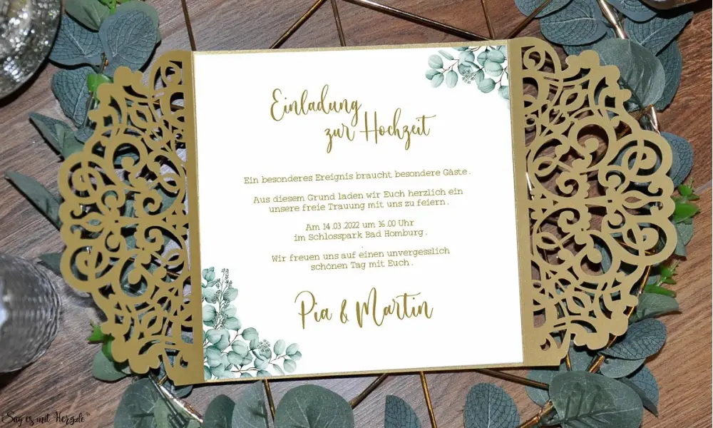 Einladungskarten Hochzeit gold Lasercut