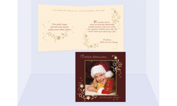 Klappkarte Weihnachten, Weihnachtskarte Quadrat, 12,5x12,5 cm, 4-seitig, weinrot