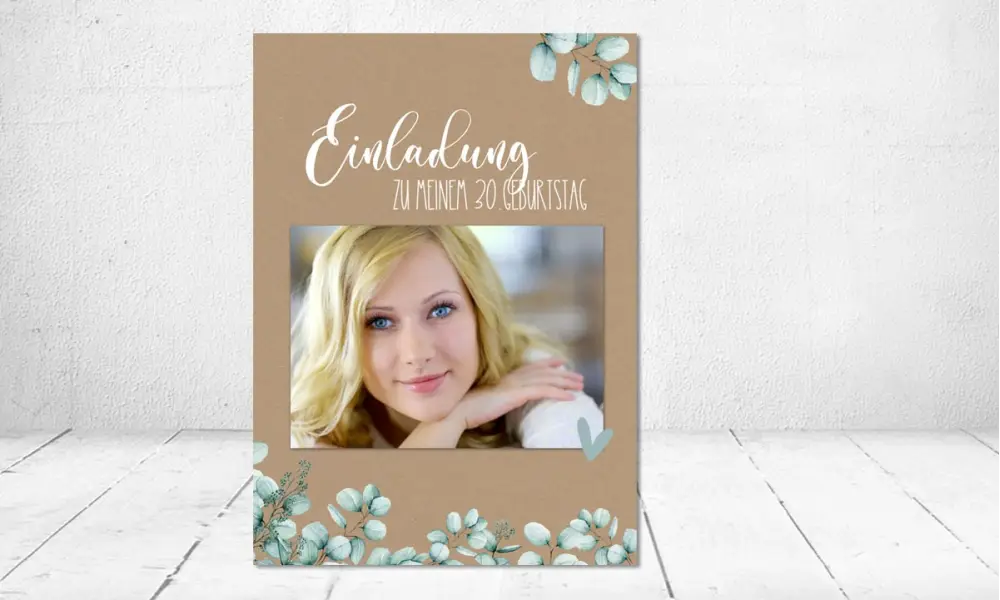 Einladungskarten 40. Geburtstag Greenery Eukalyptus Kraftpapier rustic naturell mit Foto