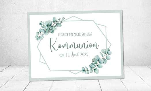 Moderne Einladungskarten Kommunion Eukalyptus Greenery Boho Vintage grün Postkarte