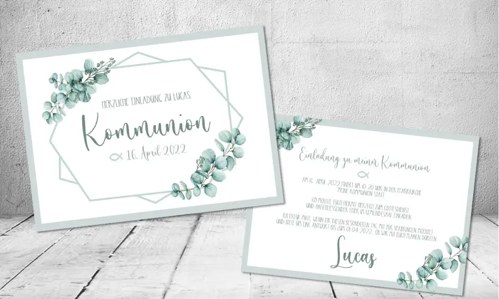Moderne Einladungskarten Kommunion Eukalyptus Greenery Boho Vintage grün Postkarte