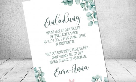Moderne Einladungskarten Konfirmation  Eukalyptus Boho Vintage grün