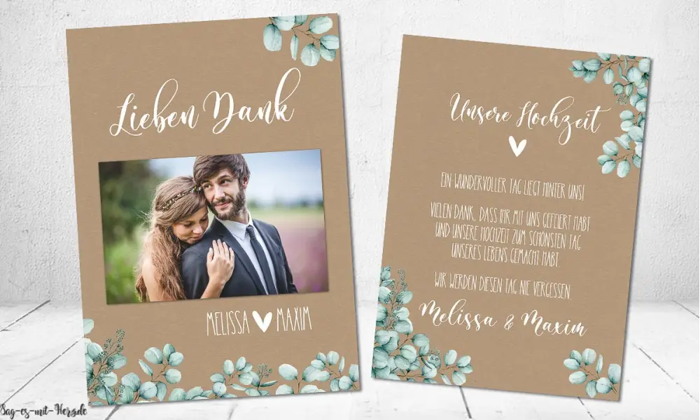 Dankeskarten Hochzeit Kraftpapier Eukalyptus Boho