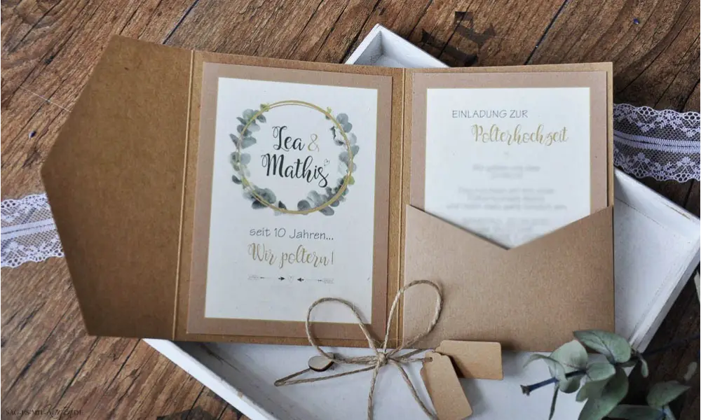 Pocketfold Hochzeitseinladungen diy Kraftpapier Spitze