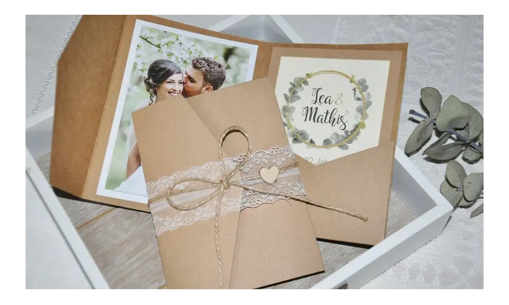 Pocketfold Hochzeitseinladungen diy Kraftpapier Spitze