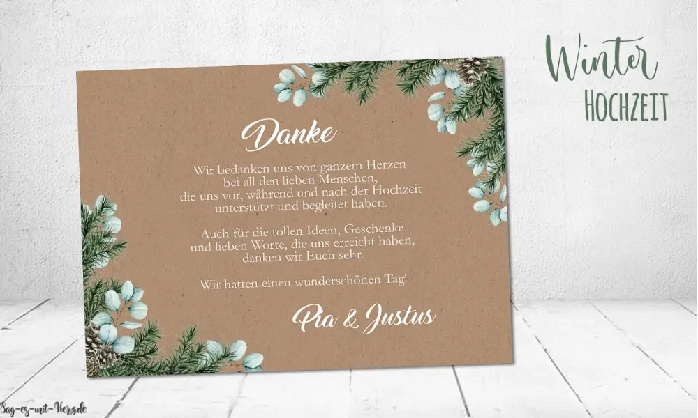 Dankeskarten Winterhochzeit Kraftpapier Eukalyptus