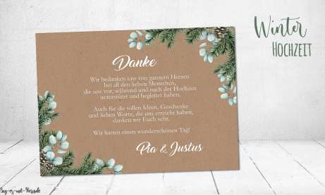 Dankeskarten Winterhochzeit Kraftpapier Eukalyptus