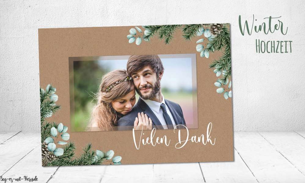 Dankeskarten Winterhochzeit Kraftpapier Eukalyptus