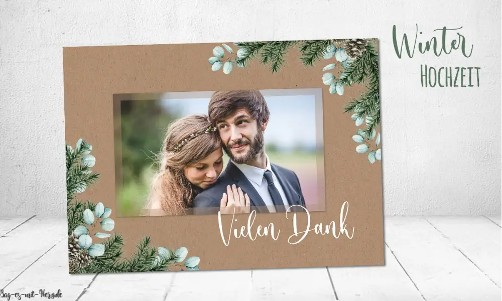 Dankeskarten Winterhochzeit Kraftpapier Eukalyptus