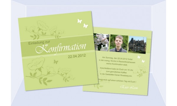 Einladung Kommunion / Konfirmation, 2-seitig, quadratisch, grün
