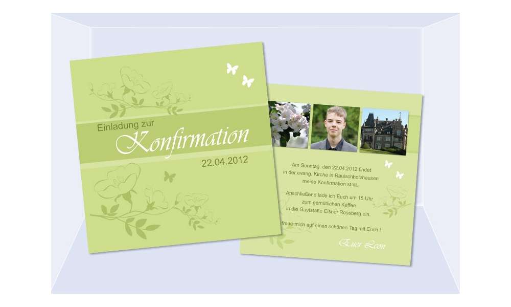 Einladung Kommunion / Konfirmation, 2-seitig, quadratisch, grün