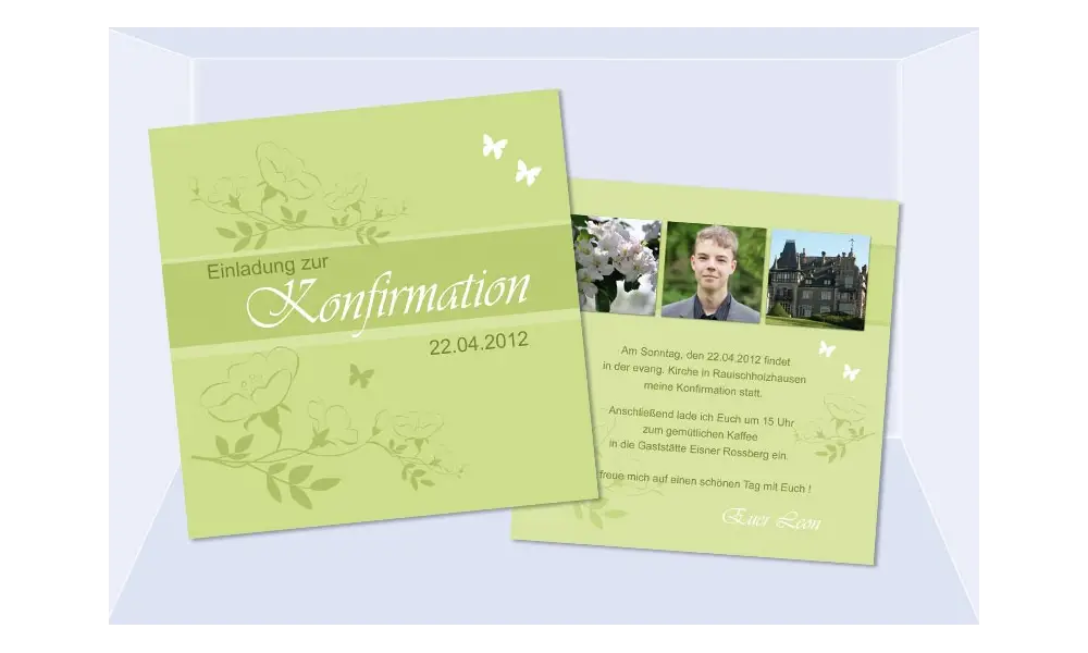 Einladung Kommunion / Konfirmation, 2-seitig, quadratisch, grün