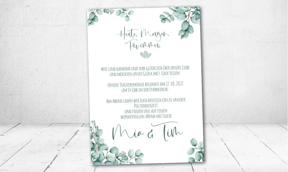 Einladungskarten Hochzeit, Eukalyptus, grün ohne Foto, Postkarte, Boho