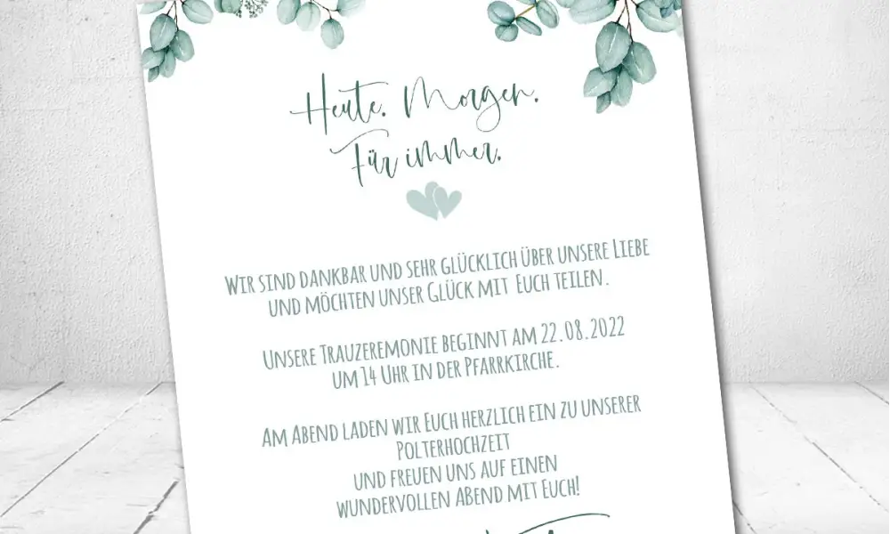 Einladungskarten Hochzeit, Eukalyptus, grün ohne Foto, Postkarte, Boho