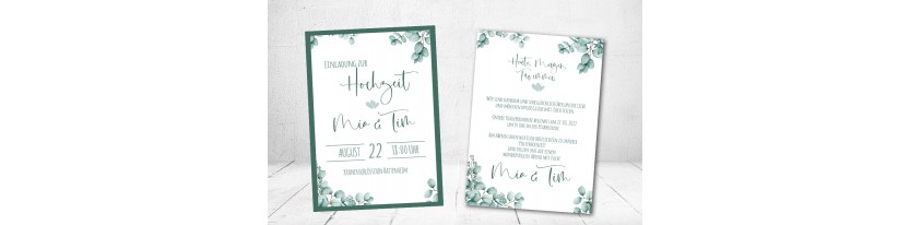 Einladungskarten Hochzeit, Eukalyptus, grün ohne Foto, Postkarte, Boho