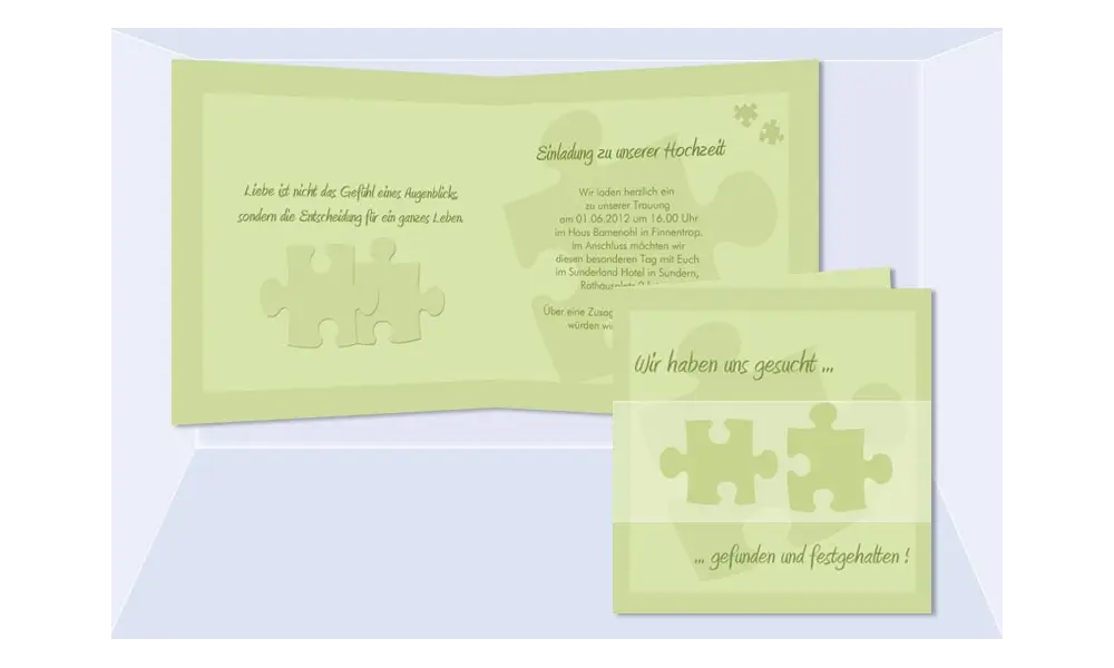 Einladung Hochzeit "Puzzle", Klappkarte Quadrat, grün