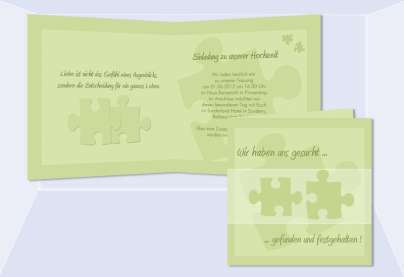 Einladung Hochzeit "Puzzle", Klappkarte Quadrat, grün