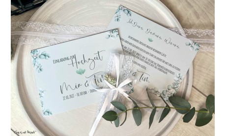 Einladungskarten Hochzeit soft Greenery mit Spitze Postkarte Eukalyptus