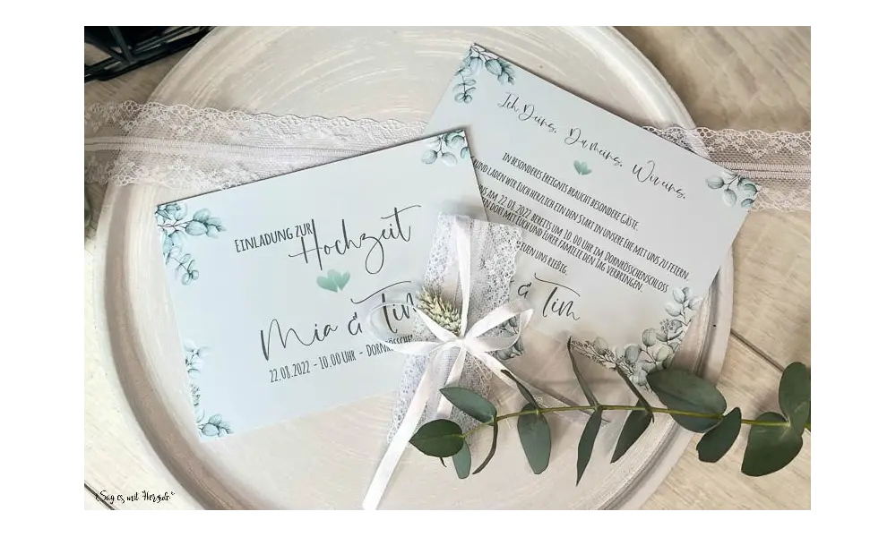 Einladungskarten Hochzeit soft Greenery mit Spitze Postkarte Eukalyptus
