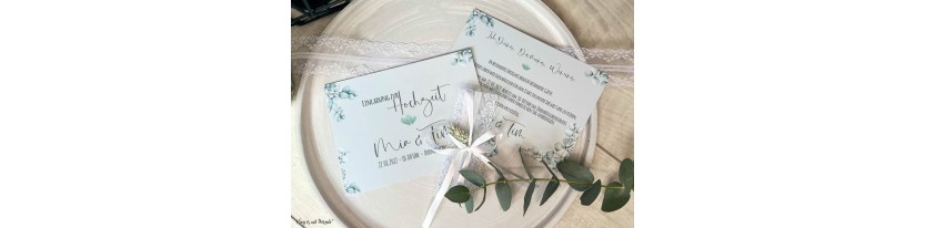 Einladungskarten Hochzeit soft Greenery mit Spitze Postkarte Eukalyptus