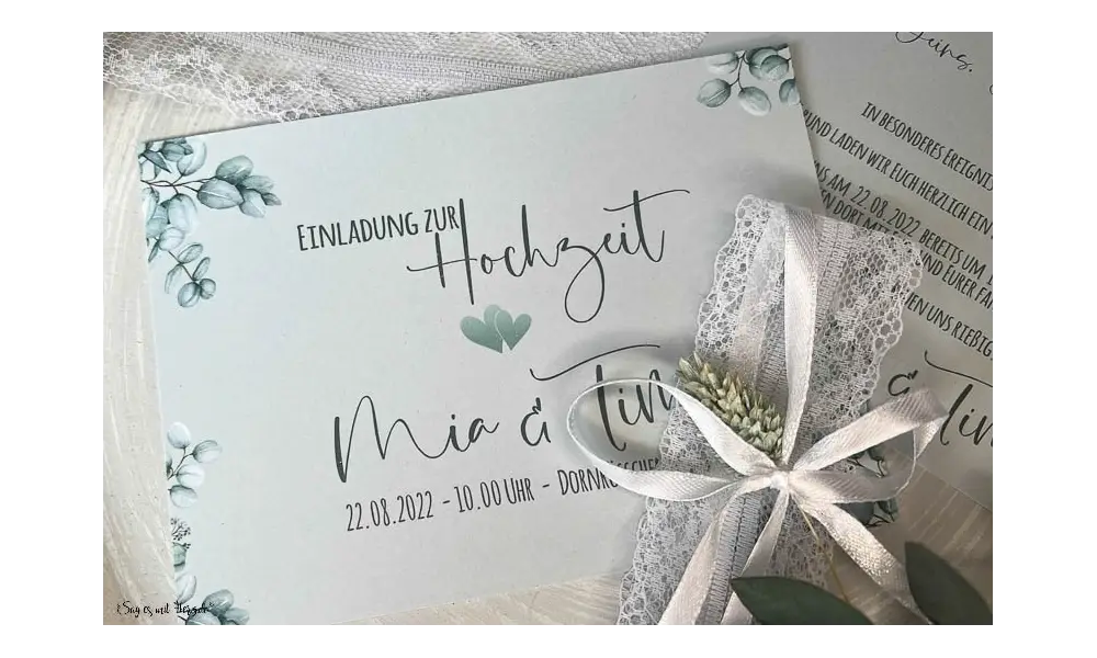 Einladungskarten Hochzeit soft Greenery mit Spitze Postkarte Eukalyptus