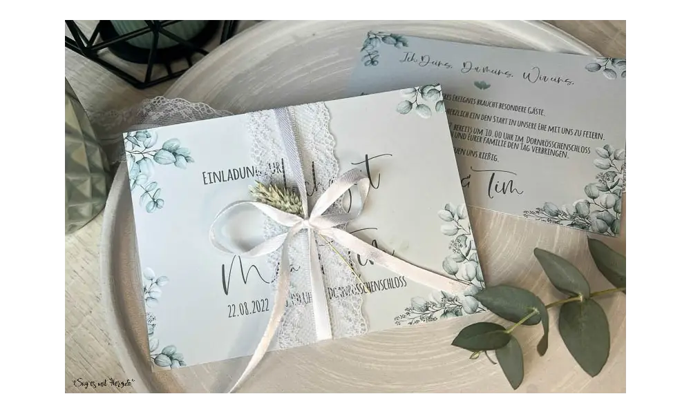 Einladungskarten Hochzeit soft Greenery mit Spitze Postkarte Eukalyptus