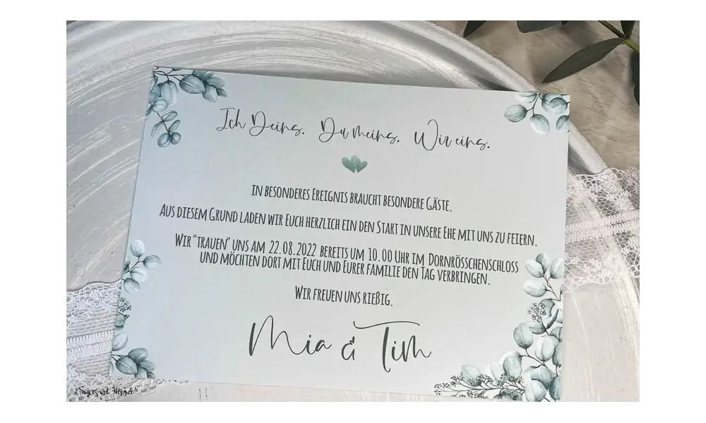 Einladungskarten Hochzeit soft Greenery mit Spitze Postkarte Eukalyptus
