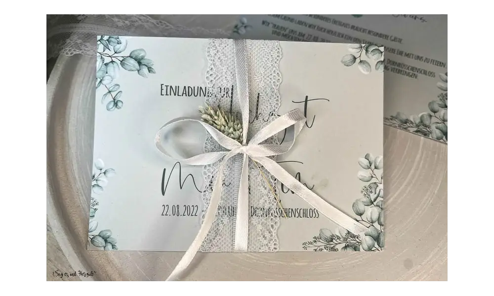 Einladungskarten Hochzeit soft Greenery mit Spitze Postkarte Eukalyptus