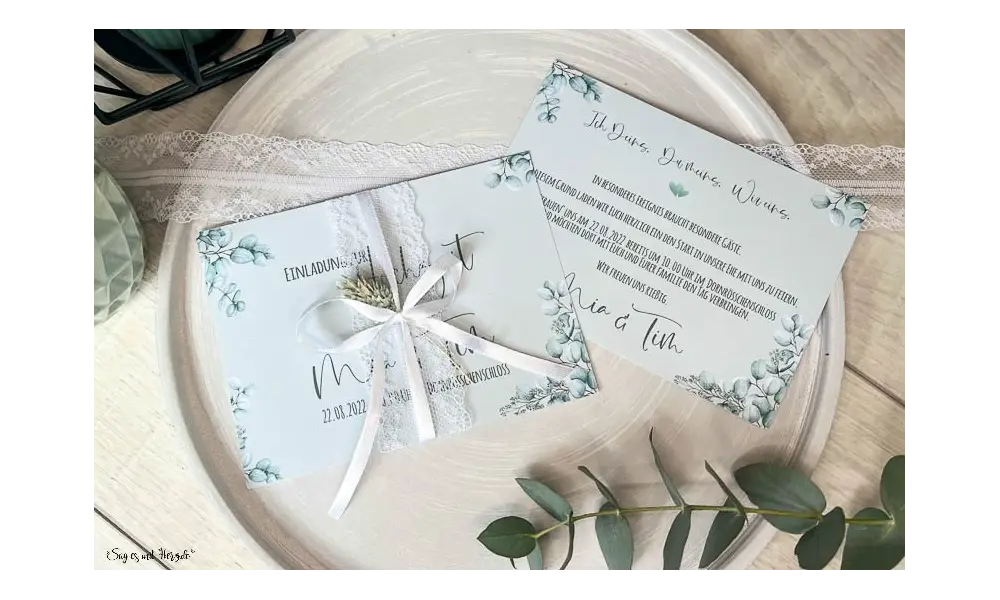 Einladungskarten Hochzeit soft Greenery mit Spitze Postkarte Eukalyptus
