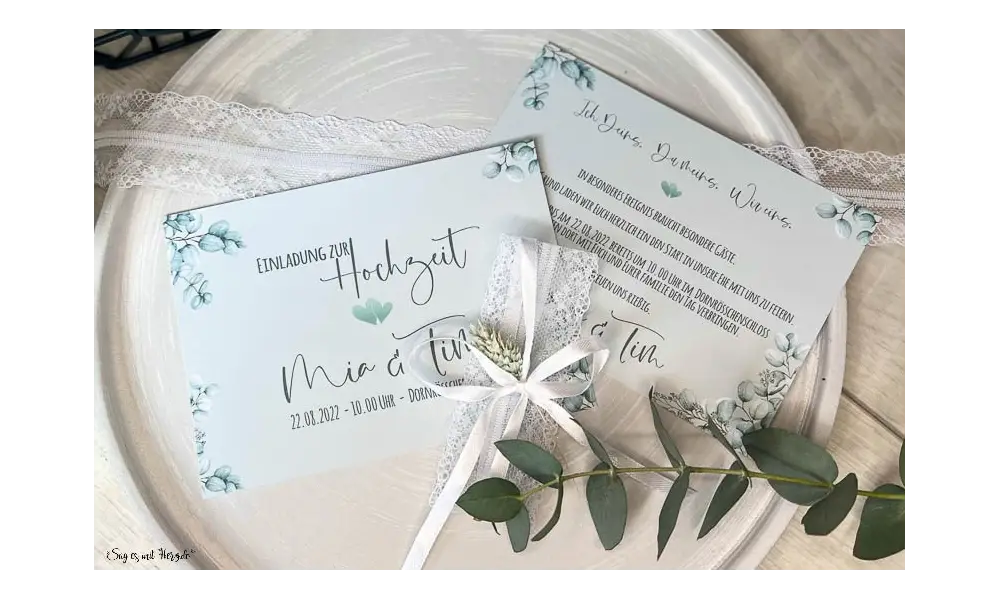 Einladungskarten Hochzeit soft Greenery mit Spitze Postkarte Eukalyptus
