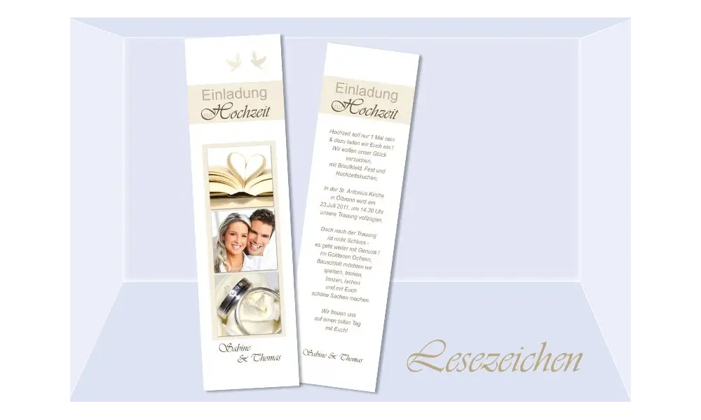 Lesezeichen Einladung Hochzeit, 5x20 cm, creme