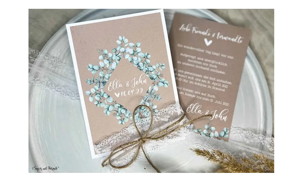 Einladungskarte Hochzeit Kraftpapier Spitze Eukalyptus Postkarte