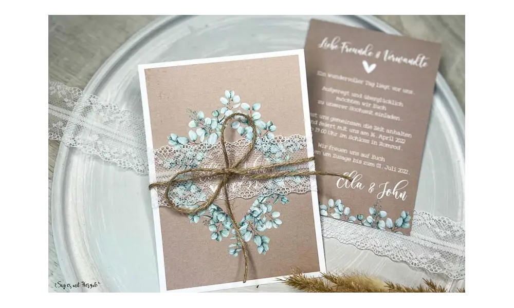 Einladungskarte Hochzeit Kraftpapier Spitze Eukalyptus Postkarte