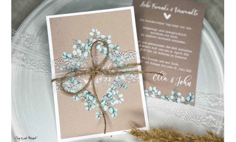 Einladungskarte Hochzeit Kraftpapier Spitze Eukalyptus Postkarte