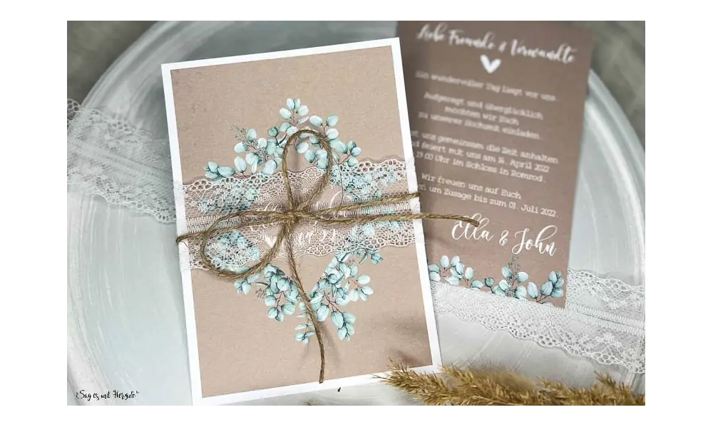 Einladungskarte Hochzeit Kraftpapier Spitze Eukalyptus Postkarte