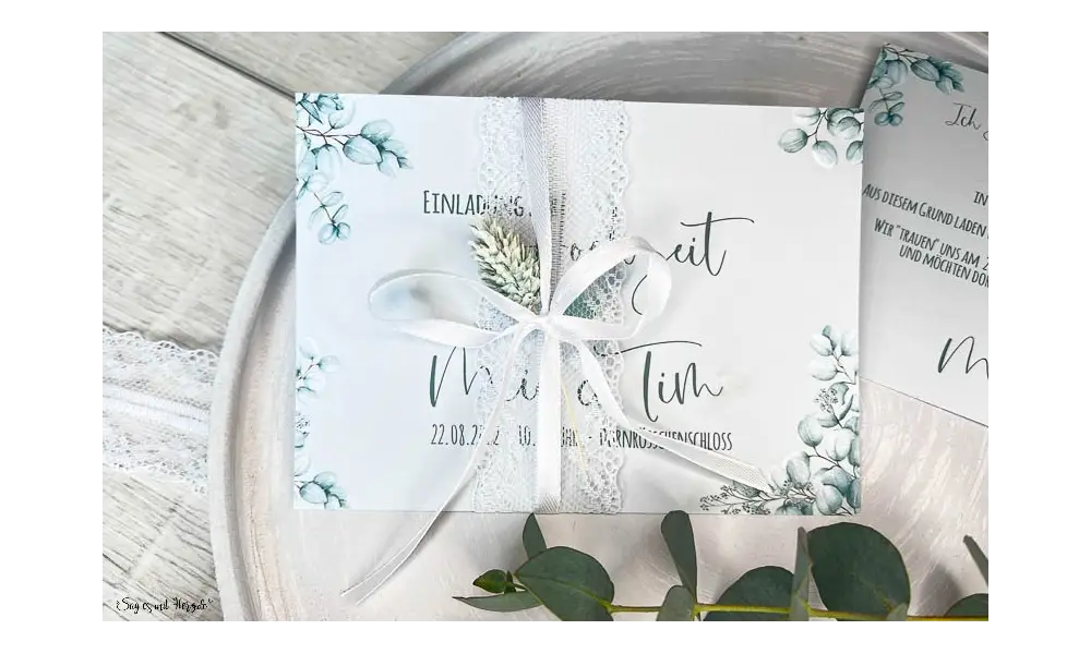 Einladungskarten Hochzeit soft Greenery mit Spitze Postkarte Eukalyptus