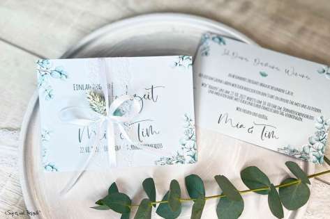 Einladungskarten Hochzeit soft Greenery mit Spitze Postkarte Eukalyptus